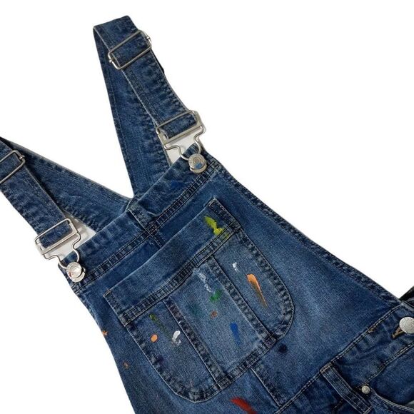 Distressed Denim Bib Overalls Paint Splatter Blue Spice Shortalls Juniors Size 5 - Picture 3 of 7